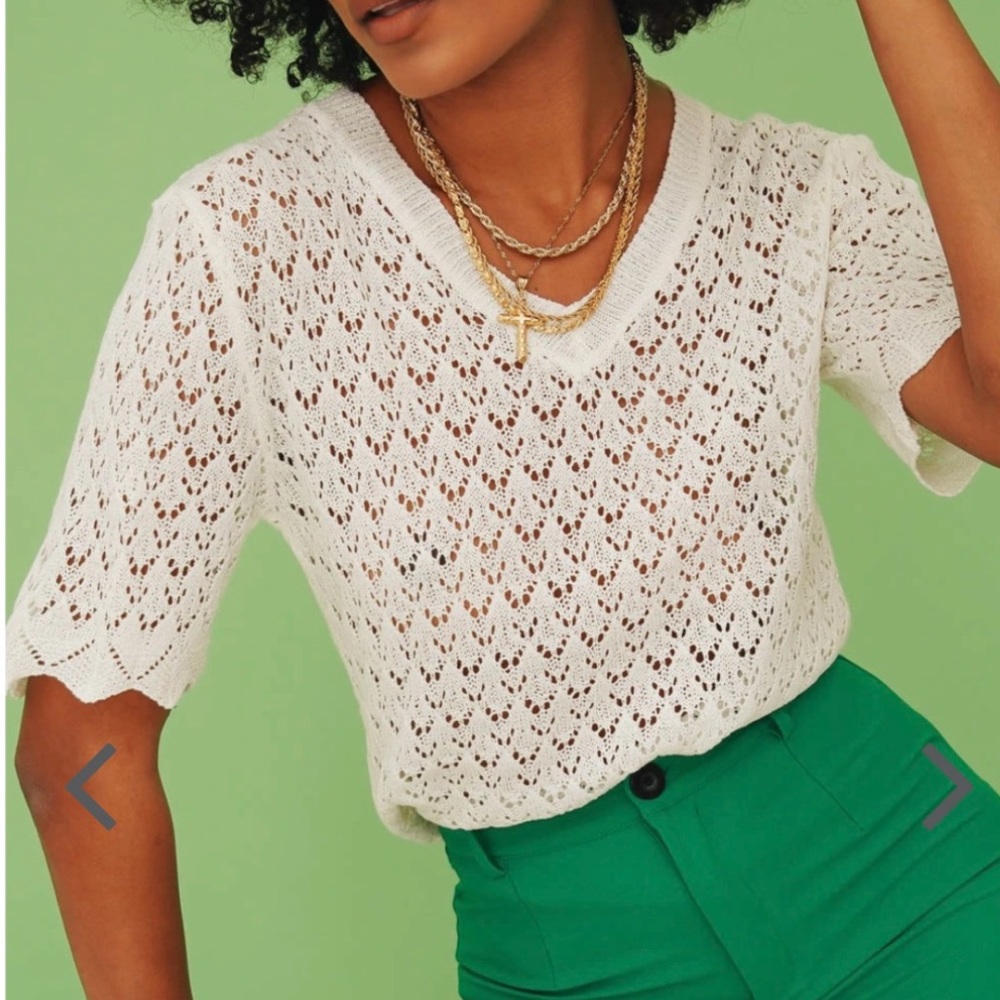 Crochet Knit V Neck Top Sweater White Ivory Coverup Size Small Medium S/M - Picture 9 of 9